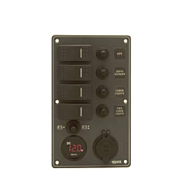 Aluminium IP66 Switch Panel with Battery Gauge Socket and USB Charger (Dark grey)