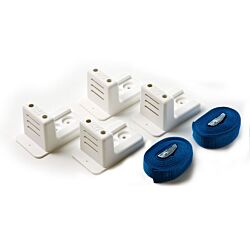White fixing kit with brackets and belts